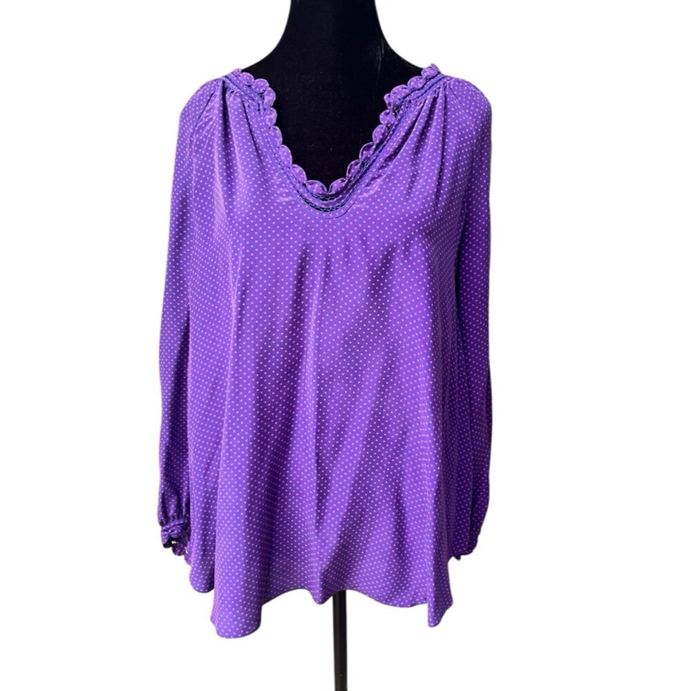 Rebecca Taylor Silk Blouse Size 8 Purple Pink Polka Dot Feminine Long Sleeve Top